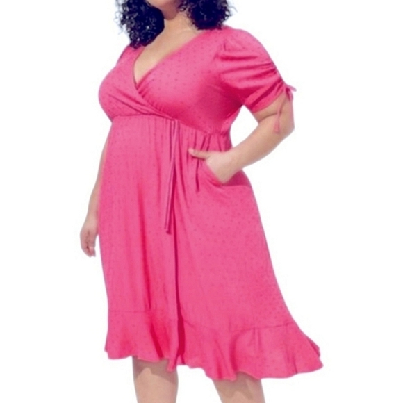 Torrid Swiss Dot Surplice Midi Dress Pink Womens Romantic - Picture 7 of 7